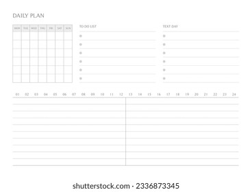 Una plantilla de diseño de plan diario de estilo moderno, sencillo y minimalista. Ilustración de plantilla de documento de planificador, de notas, de programadores, de diarios, de calendarios y de planificadores.