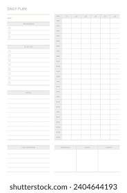 Una plantilla de diseño de plan diario de estilo moderno, sencillo y minimalista. Ilustración de plantilla de documento de planificador, de notas, de programadores, de diarios, de calendarios y de planificadores.