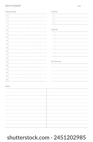 Una Plantilla de diseño de Plan diario en un estilo moderno, simple y minimalista. Nota, planificador, agenda, calendario, planificador, ilustración de Plantilla de documento.