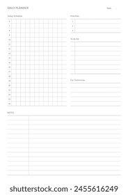 Una Plantilla de diseño de Plan diario en un estilo moderno, simple y minimalista. Nota, planificador, agenda, calendario, planificador, ilustración de Plantilla de documento.