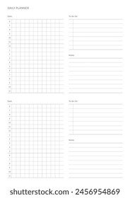 Una Plantilla de diseño de Plan diario en un estilo moderno, simple y minimalista. Nota, planificador, agenda, calendario, planificador, ilustración de Plantilla de documento.