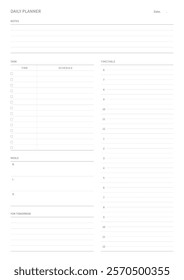 A daily plan design template in a modern, simple, and minimalist style. Note, scheduler, diary, calendar, planner document template illustration.