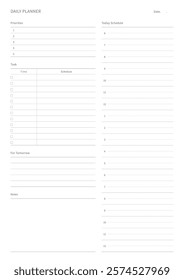 A daily plan design template in a modern, simple, and minimalist style. Note, scheduler, diary, calendar, planner document template illustration.