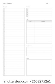 A daily plan design template in a modern, simple, and minimalist style. Note, scheduler, diary, calendar, planner document template illustration.