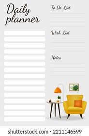 Daily planner with an armchair, coffee table, floor lamp and books. Vector illustration. 