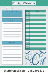 Daily planner in blue and green colors with watercolor illustration. For creating a daily schedule, notes and daily affirmations