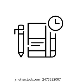 Daily planner book, clock and pen. Productive planning, timelines to enhance productivity, time management skills icon