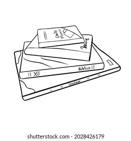 Daily Planner book doodle vector. Business Diary Planner Organizer black and white illustration. Stack of notebooks for projects and ideas. Office stationery element. Journal sketchbook.