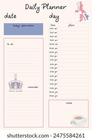 Daily planner with a British theme. Ideal for recording and structuring daily tasks