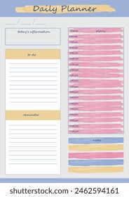 Daily planner in calm shades with watercolor illustrations. For creating a daily schedule, notes and daily affirmations