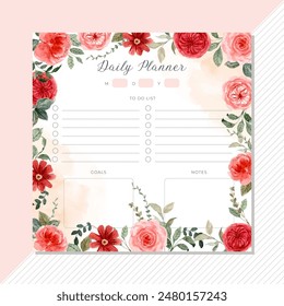 daily planner card with red peach floral watercolor frame