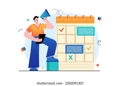 Daily planner concept with people scene in the flat cartoon design. Man makes a list of plans for the day and enter them into his calendar. Vector illustration.