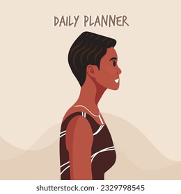 Täglicher Planerdeckel. Zeitplan, Ziele, Notizen. Junge schöne Afroamerikanerin Profil Porträt... Vektorgrafik.