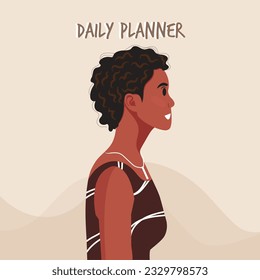 Daily planner cover. Schedule, goals, notes. Young beautiful African American woman profile portrait.. Vector illustration.