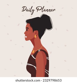 Daily planner cover. Schedule, goals, notes. Young beautiful African American woman profile portrait.. Vector illustration.
