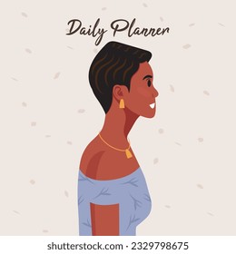 Daily planner cover. Schedule, goals, notes. Young beautiful African American woman profile portrait.. Vector illustration.