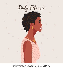 Daily planner cover. Schedule, goals, notes. Young beautiful African American woman profile portrait.. Vector illustration.