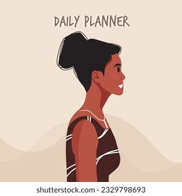 Daily planner cover. Schedule, goals, notes. Young beautiful African American woman profile portrait.. Vector illustration.