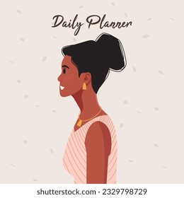 Daily planner cover. Schedule, goals, notes. Young beautiful African American woman profile portrait.. Vector illustration.