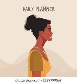 Daily planner cover. Schedule, goals, notes. Young beautiful African American woman profile portrait.. Vector illustration.