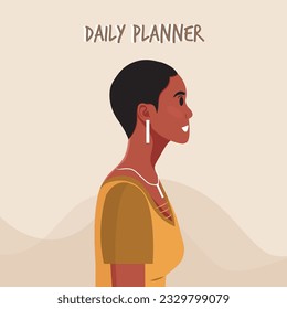 Daily planner cover. Schedule, goals, notes. Young beautiful African American woman profile portrait.. Vector illustration.