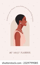 Daily planner cover. Schedule, goals, notes. Young beautiful African American woman profile portrait.. Vector illustration.