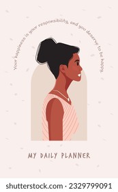 Daily planner cover. Schedule, goals, notes. Young beautiful African American woman profile portrait.. Vector illustration.