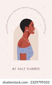 Daily planner cover. Schedule, goals, notes. Young beautiful African American woman profile portrait.. Vector illustration.