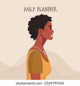 Daily planner cover. Schedule, goals, notes. Young beautiful African American woman profile portrait.. Vector illustration.