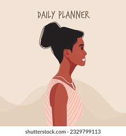 Daily planner cover. Schedule, goals, notes. Young beautiful African American woman profile portrait.. Vector illustration.