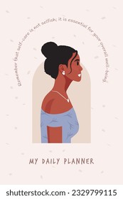 Daily planner cover. Schedule, goals, notes. Young beautiful African American woman profile portrait.. Vector illustration.