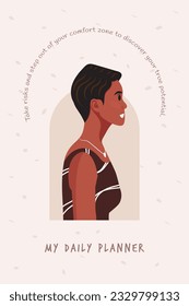 Daily planner cover. Schedule, goals, notes. Young beautiful African American woman profile portrait.. Vector illustration.
