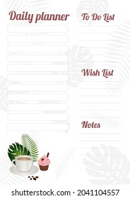 Daily planner with a cup of coffee, a cupcake and tropical plants. Vector illustration.