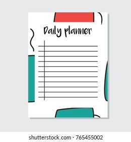 Daily Planner with cup of tea  in cartoon style. Perfect for Print, Template, to do list. Vector isolated illustration