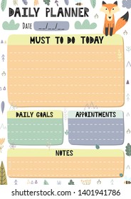 Daily planner with a cute fox. Printable template in A4 format for organising your day. Vector illustration