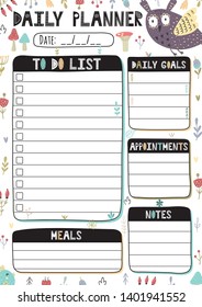 Daily planner with cute owl. Printable template in A4 format with to do list, daily goals appointments, meals and notes sections. Vector illustration