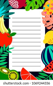 Daily planner decorated with bright simple fruit and leaves elements. Vector sample with a place for your text. Template for your designs.