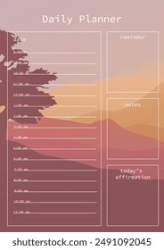 Daily planner design with a mountain landscape and a tree in the foreground in orange tones. Contains sections for scheduling, reminders and notes