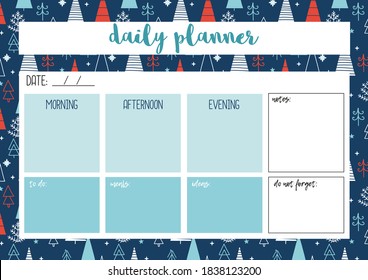 Daily planner for diary, organiser, notebook. Printable A4 planner. Vector Illustration. 