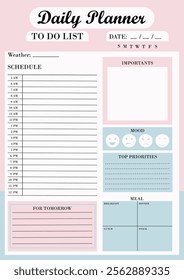 Daily planner for diary, organiser, notebook. Print. Planner and to do list. Vector Illustration