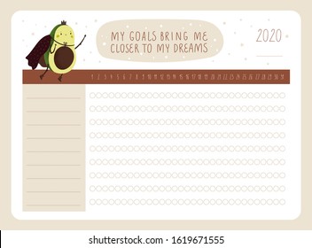 Daily planner for dreamers with cute cartoon avocado character. My goals bring me closer to my dreams. Useful habits tracker. Printable template with check list. Ideal for print, dairy, poster