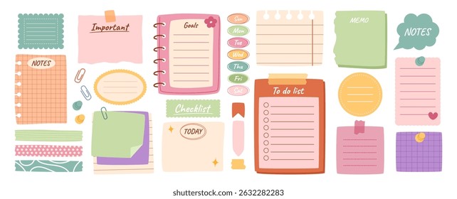 Daily planner elements. Notepad sheets, paper tag with day of week, washi tapes and memo stickers, to do list. Personal organizer, information and mood board vector set.