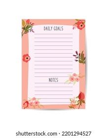Daily planner with flowers to do list memo printable vector illustration.