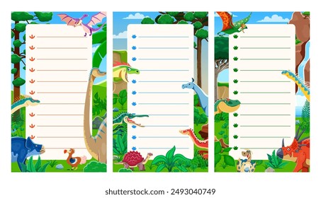 Daily planner with funny prehistoric dinosaurs and dino lizards in Jurassic forest, vector background. To-do list and day tasks planner organizer with cartoon prehistoric dinosaurs, reptiles and birds