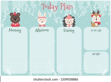 Daily planner with illustration of cute animal  cartoon . My day to- do list . 