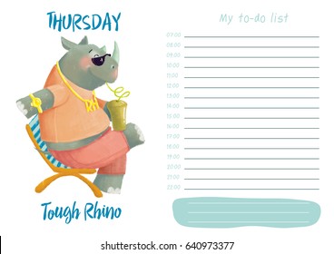 Daily planner with illustration of cute cartoon tough rhino. My day to-do list on Thursday. Funny week.