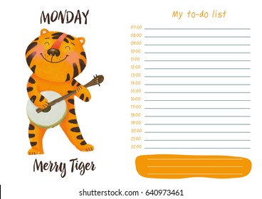 Daily planner with illustration of cute cartoon merry tiger. My day to-do list on Monday. Funny week.