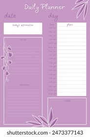 Daily planner for important notes and scheduling. Modern design in pink with tropical leaves and vine. Suitable for school, college, university and habit building.