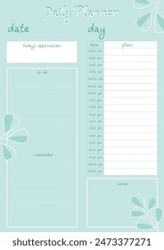 Daily planner for important notes and scheduling. Modern design in mint color with leaves on branches. Suitable for school, college, university and habit building.