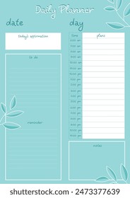 Daily planner for important notes and scheduling. Modern design in blue color with leaves on branches. Suitable for school, college, university and habit building.